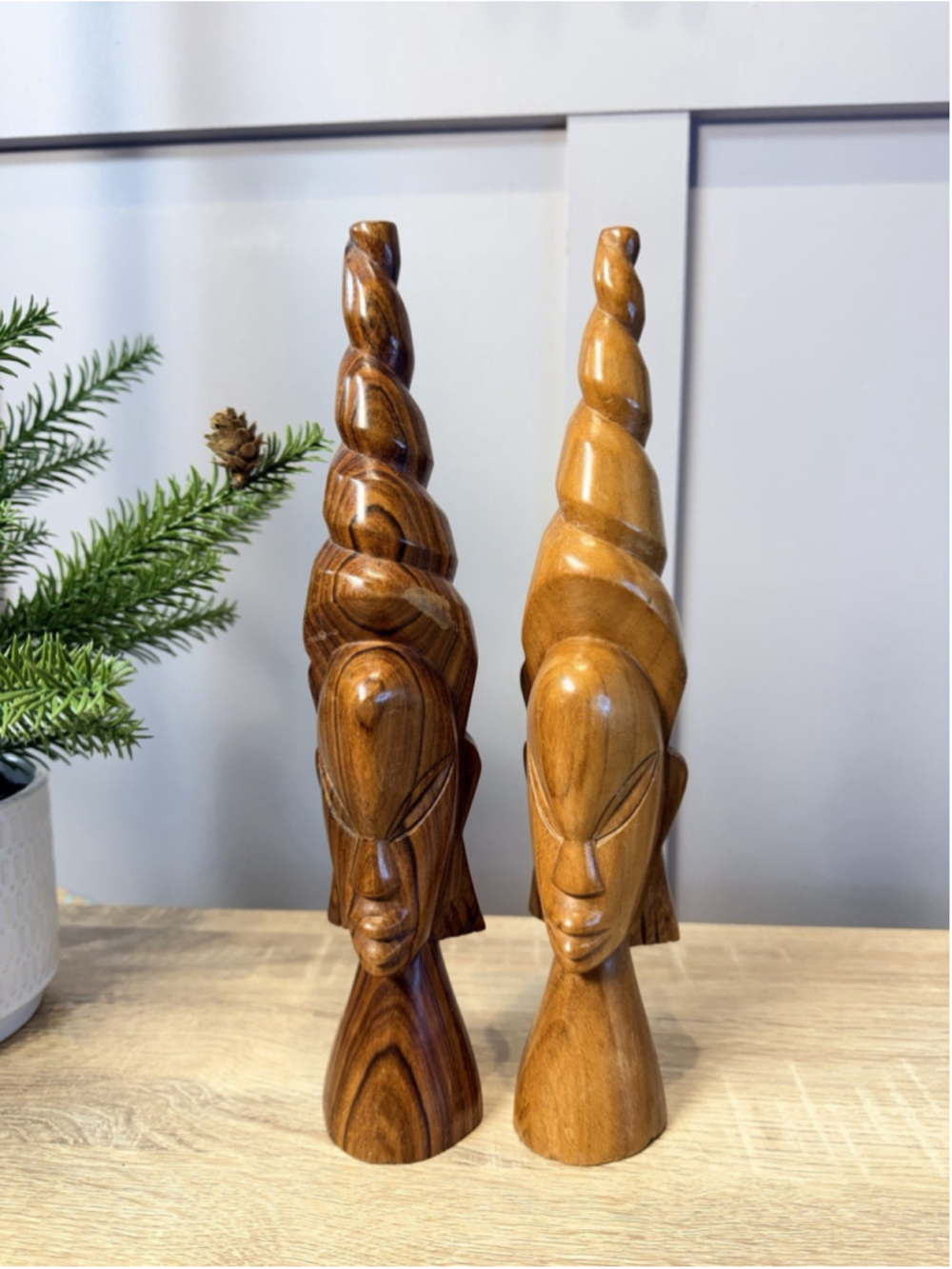 Vtg African Tribal Woman Hand Carved Head Wood Statue Bust Female Lady Figurines